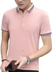 amatsu ポロシャツ メンズ 半袖 夏 polo shirt 半袖シャツ カジュアル 夏服 大人 tシャツメンズ トップス すっきり カットソー シルエット ボタンダウンシャツ 紳士 ドライシャツ スポーツ お洒落(ピンク/2ライン,  S)