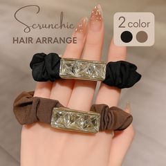 【2色展開】スクエアビジュー付き シュシュ ヘアゴム ヘアアクセサリー ブラック ブラウン キラキラ おしゃれ 髪飾り 大人可愛い レディース ヘアアレンジ