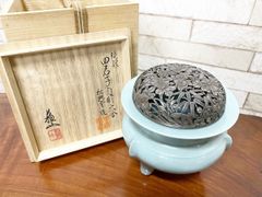 帝室技芸員 初代諏訪蘇山造 青磁 袴腰香炉 純銀 鳳凰文 透彫火舎 共箱