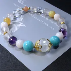 ライン入りフロスト水晶+アマゾナイト+マンガンカルサイト+アメジスト+ローズクォーツ+イエローオパール+オレンジムーンストーンのブレスレット1071