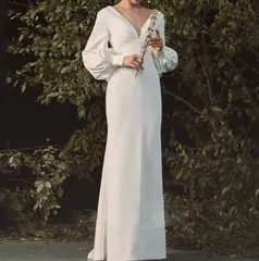 ワンピース 長袖 ロング ホワイト ボリューム袖 シンプル ドレス パーティー 無地  お洒落 上品 Vネック 二次会 0735