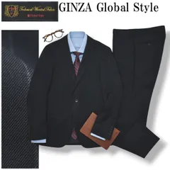 【美品】 ギンザ グローバルスタイル GINZA Global Style Technical Worsted Fabric チョークストライプ シングル 2B スーツ セットアップ 上下 通年 ネイビー メンズ