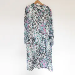 美品 Leilian レリアン フラワープリント シアー プリーツ 長袖 シャツワンピース 大きいサイズ 13 マルチカラー レディース 古着 中古 USED