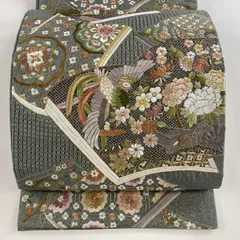 【美品】 袋帯 逸品 花車 鳳凰 刺繍 金糸 灰緑 六通 正絹 【中古】