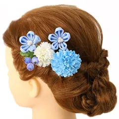 髪飾り 成人式 つまみ細工 振袖 前撮り 袴 浴衣 夏祭り 花火大会 豪華3点セット 青 水色 白 ちりめん パール ヘアアクセ 新作 No.9-3698