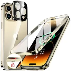 NIANGUO【ロック機能付き・自動ポップアップボタン】 iPhone14 Pro 用 ケース クリア 【両面強化ガラス】 9H硬度 【一体型レンズ保護】 アイフォン14プロ カバー アルミバンパーケース メタルフレーム 耐衝撃 傷防止 高感度タッチ 薄型 0