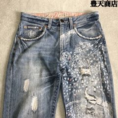 豊天商店 デニムパンツ ジーパン ジーンズ ヴィンテージ加工 ユーズド加工 ペイント 和柄 花柄 桜吹雪 Sサイズ 青系 インディゴ アイスブルー ブーデンショウテン