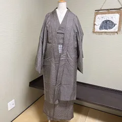 き648】男性用 アンサンブル 着物 羽織 セット 紬調 羽織付き 茶系 細かい格子柄 和装 リメイク素材