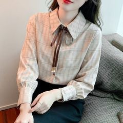 【新品】レトロガーリー♡チェック柄ボウタイリボンブラウス レディース 長袖 ブラウス チェック柄 ブラウン ボウタイ レトロ 可愛い おすすめ 　E1259