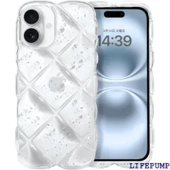 GUAGUA iPhone16 ケース クリア ウェーブ 菱形バック いphone 16 透明 うねうね ケース TPU キラキラ 菱形 凸凹 アルミ箔シルバー 可愛い 韓国 人気 耐衝撃 超軽量 おしゃれ バンパー ストラップホール付き 透明 銀箔 3187