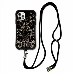 [iPhone15 Pro Max] スマホショルダー付 iPhone16 Plus i-coronケース アイフォン 15 Plus 14 Pro Max 13 12 11 スマホケース 耐衝撃 カバー 背面保護 リーフ柄 ブラック かわいい