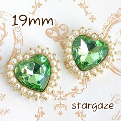 【 3個 】 19mm ハート パール付き センターパーツ ストーン ビジュー カボション ライトグリーン×ゴールドフレーム