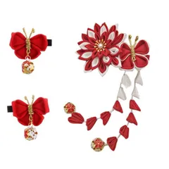 特価　ヘアアクセサリーキッズ ヘアピンおしゃれ 着物 赤レッド 七五三 成人式髪飾り お花蝶髪留めクリップ お宮祭り和の髪飾り つまみ細工髪飾り 髪飾り3枚セット ヘアアクセサリー結婚式 和装 浴衣 お祝いギフト…… OuJyO