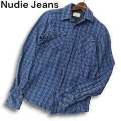 Nudie Jeans ヌーディージーンズ 秋冬★ 長袖 ワーク チェック ネル シャツ Sz.XS メンズ ネイビーのサムネイル