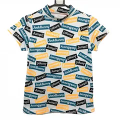 ジャックバニー 半袖ハイネックシャツ 白×グリーンブルー ロゴ総柄 ストレッチ レディース  ゴルフウェア Jack Bunny