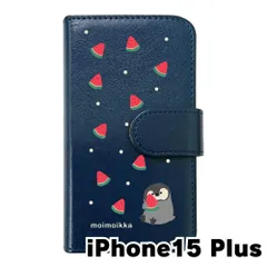 【新品未使用】iPhone15 Plus アイフォン15プラス スマホケース 手帳型 (色：ネイビー×柄：ペンギンとスイカ)moimoikka ペンギン 動物 flip2-ip15plus-nv-20139