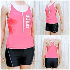 ME1-673☆arenaアリーナ SAR-8136W Lサイズ デサント 日本製 ピンク 濃厚グレー ホワイトライン レディース 練習用水着 フィットネスジムプール ワンピース セパレート風◎