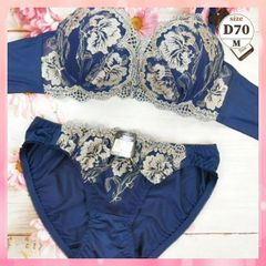 ★D70/M☆美胸ブラ＆ショーツセット 脇高 美シルエット 谷間メイク 脇サイドスッキリ ゴージャス アーチ刺繍 紺