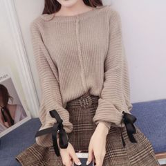 【新品】フェミニン♡パフスリーブリボンカットソー ＋スカート  レディース ニット チェック スカート セット おすすめ セットアップ 秋冬  A0207