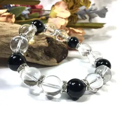 水晶&オニキス パワーストーン ブレスレット 天然石ブレス 12mm （シルバー）メンズ・レディース　男性・女性　数珠ブレス　開運  [1]