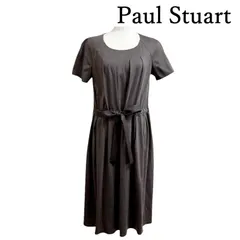 Paul Stuart(ポールスチュアート)  レディース ロングワンピース　秋色 半袖  ウエストリボン シルケット ミモレ丈 ダークブラウン 茶　無地 6