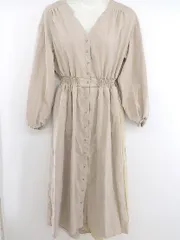 ◇ continuer de NICE CLAUP Vネック 長袖 膝下丈 フレア ワンピース サイズF ベージュ系 レディース E  【1304100007907】