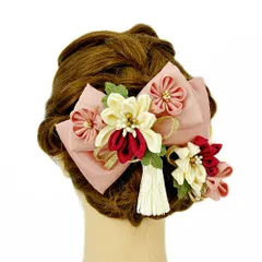 髪飾り リボン 卒業式 袴 成人式 つまみ細工 赤 振袖 前撮り 花 2点セット ピンク 白 ゴールド ちりめん 組紐 房付き ヘアアク No.9-3540