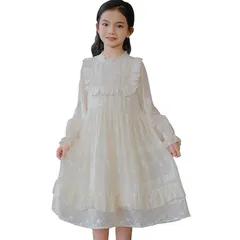 【新品】 [美瑛屋] 子供 長袖 フォーマルワンピース ベージュ シフォン 発表会 結婚式 法事葬式 エレガント フリル 刺繍 お呼ばれ 韓国服 女の子 ジュニア シャンパン