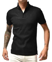 L_ブラック(半袖) ランダムテレコポロ メンズ 半袖 ポロシャツ 7分袖 ポロ タイトフィット 細め カットソー イタリアンカラー 細身 スリム ワイヤー襟 夏物 joker (ジョーカー) L ブラック(半袖)