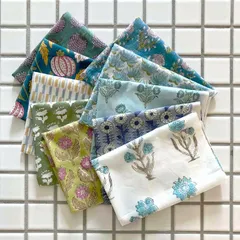 インド ブロックプリント生地 ミニカットクロス 10枚セット寒色系vol.15 ファブリック はぎれIF0334 花柄 フラワー