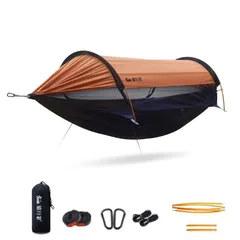アウトドアに最適！蚊帳付き3in1キャンプハンモックテント - 210T70D生地・防虫・通気性抜群・軽量＆簡単組立・耐荷重200kg・収納袋付 オレンジ