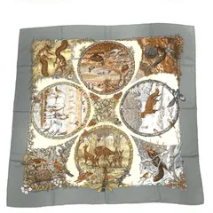 美品 HERMES エルメス カレ 90 LES QUATRE SAISONS 四季 ブラウン 動物 花 スカーフ シルク グレー