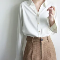 トップス ブラウス ビジューボタン 落ち感 スキッパー 襟付き Vネック 長袖