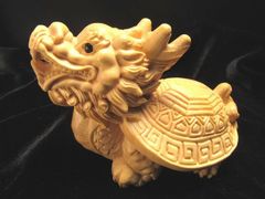 極上手彫り 木彫り ロングイ 龍亀 置物 幅約70mm 風水や