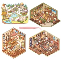 3D ハウスステッカー 4点セット DIY コラージュ素材 シーンシール 造景シール 紙ミニチュア模型 紙ドールハウス 立体 韓国系 デコレーション ステッカー 手帳 ストレス解消 趣味 可愛い ピンセット付き (第二弾 森のホテル+回転寿司屋+コーヒーパ 1