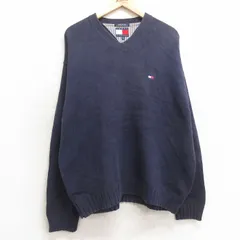 XL/古着 トミーヒルフィガー 長袖 ブランド セーター メンズ 90s ワンポイントロゴ 大きいサイズ コットン Vネック 紺 ネイビー 25jan11 中