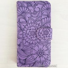 iPhone SE (第2/第3世代) SE2 SE3 8 7 ケース スマホ 手帳型 カードケース パープル 全面 花模様 エンボス加工 アイフォン