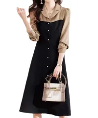 [Elixio] [エリクシオ] レディース ワンピース 長袖 秋 秋物 襟付き きれいめ 上品 ミモレ丈 膝下 Aライン ウエストマーク バイカラー 黒 ブラック オフィスカジュアル 通勤 デート (2XL) [2XL]