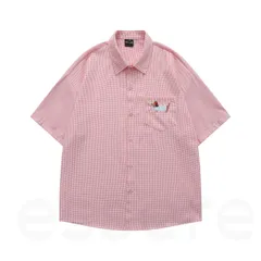 半袖Tシャツ メンズ トップス カーディガン ダックスフント 刺繍 格子柄 アメリカン レトロ ゆったり リラックス 百搭 カップル M-LLサイズ レッド