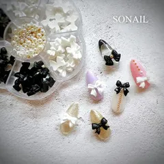 ソネイル SONAIL モノトーン ガーリッシュ リボン パーツアソート FY000421 6種×10ピース ガーリーネイル 背面カーブ無し ブラック ホワイト パール ネイルアート パーツ デコレーション ネイルデザイン おしゃれ かわいい ネイリスト