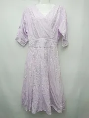 ◇ earth music&ecology カシュクール 五分袖 膝下丈 ワンピース サイズF パープル ホワイト レディース P  【1408200004078】