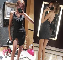 ボディコン ラメ スリット カシュクール ドレス ミニドレス キャバドレス キャバ ワンピ キャバ嬢ドレス キャバ 衣装 タイトドレス ミニ ミニ丈 超ミニ 袖なし ノースリーブ ホルターネック タイト シャーリング 胸元 谷間 谷間魅せ かわいい シンプル 