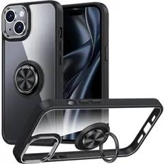 【特売】Shields Up iPhone 13 用 ケース リング付き 耐衝撃 背面クリア メッキ加工 スタンド機能 薄型 軽量 落下防止 おしゃれ カバー アイフォン13 スマホケース 6.1インチ - ブラック