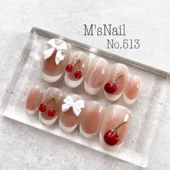 ネイルチップ さくらんぼ ちゅるん チーク うるうる ちゅるん フレンチ 韓国 ガーリー 可愛い ピンク 大人 リボン