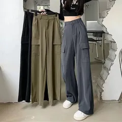 カーゴパンツ レディース ベイカーパンツ おしゃれ レトロ ドレープパンツ 女性 セミワイドパンツ ミリタリーパンツ ウエストゴム ストレートパンツ 着やせ春夏秋 ヴィンテージパンツ ハイウエスト韓国風 ゆったりストリート ワイド y2k