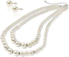 LunArts パールネックレス 2連 or セット 8mm 真珠 冠婚葬祭 結婚式( ホワイト)