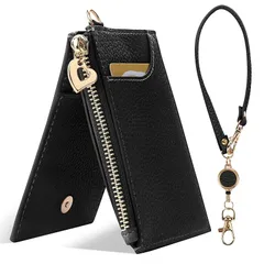 【新品】 [UriCase] 定期入れ パスケース リール付き レディース メンズ 二つ折り 小銭入れ ジッパー付き大容量 薄型 コインケース 多機能 おしゃれ IDカードホルダー 多ポケット 通勤 通学 キーホルダー付き（ブラック） 1