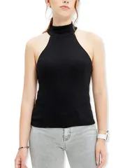 [ハベリィ] ホルターネック タンクトップ ノースリーブ カットソー トップス リブ ヨガ レディース ホルダー ネック リブ ニット インナー シンプル ルーム ウェア ワンマイル ウエア 無地 カジュアル 部屋着 フェミニン 可愛い  [ブラック] [M]