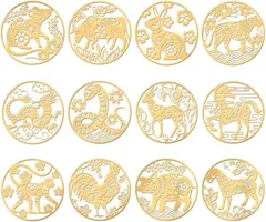 OLYCRAFT 12個12種類 レジンステッカー 干支 十二支 金属製シール メタルシール DIY UVレジン封入用 ハンドメイド アクセサリーパーツ デコパーツ 手芸材料 ゴールド 4x4cm