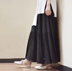 綿麻風 ロングスカート ロング レディース ボトムス プリーツスカート プリーツ フレア スカート マキシ フレア フレアスカート ゴム 黒 Aライン maya02